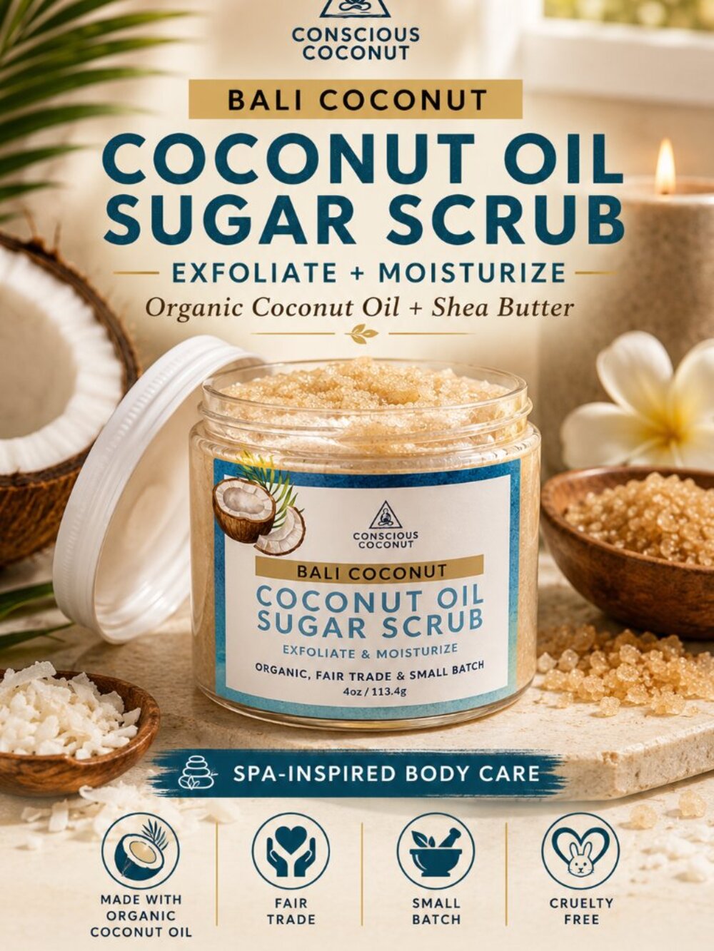 Conscious Coconut Bali Coconut Oil Sugar Scrub Organic Body Scrub 4 oz